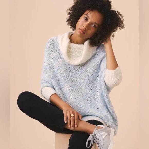 Lou & Grey | Cowl Neck Sky High Poncho Sweater Blue Ivory XS/S Boho Festival - Picture 1 of 10